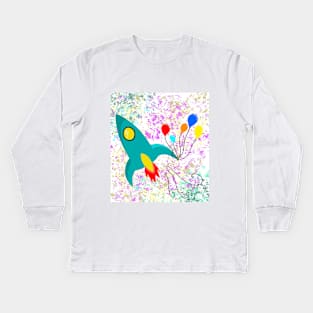 rocket flying with baloons Kids Long Sleeve T-Shirt